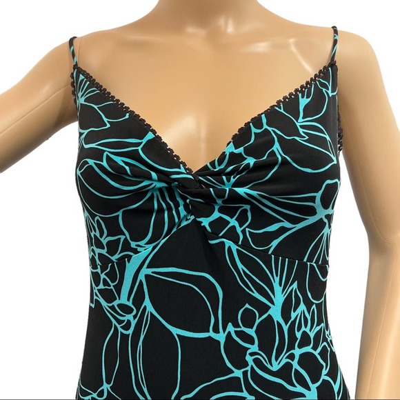 Vtg Tadashi 2000s Dress S Black Midi Floral Ric Rac Lace V Neck Spaghetti Straps - Picture 6 of 12